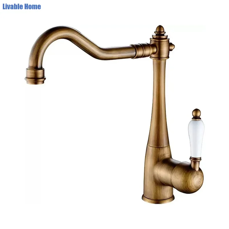 European Antique Brass Kitchen Faucet, Gold Ceramic Handle 360° Swivel Hot Cold Water Tap, Retro Rotatable Sink Basin Mixer Tap