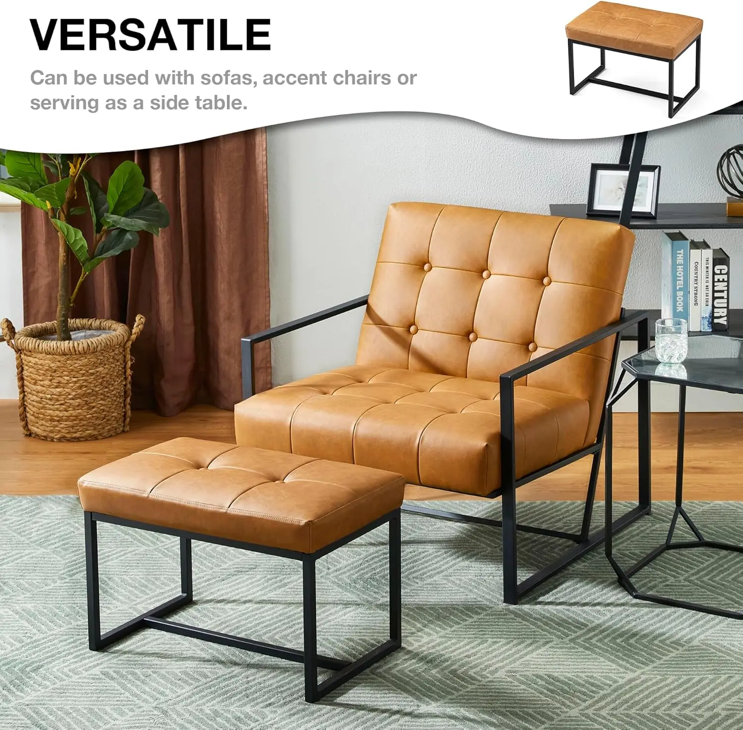 오토만 벤치 2개 팩, 금속 프레임이 있는 현대적인 PU 가죽 화장대 의자, 연한 갈색