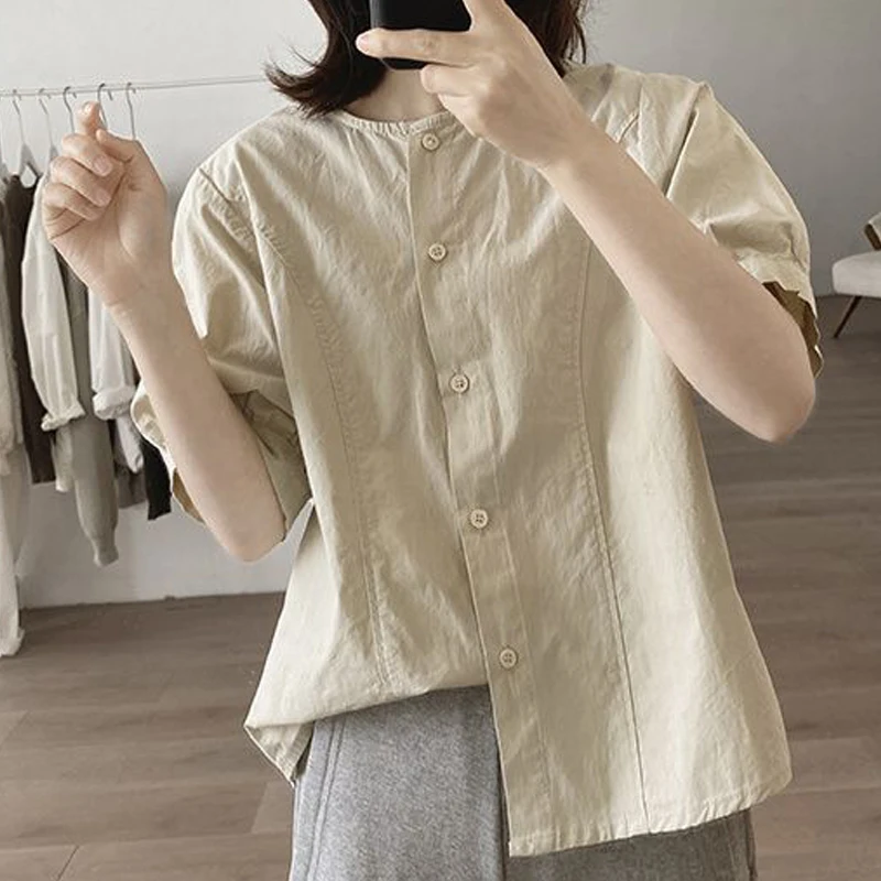 Women\'s Trendy Simple Casual Button Up Shirt Vintage O Neck Short Sleeve Blouse Solid Loose Cotton Tops 2024 Summer Blusas Mujer