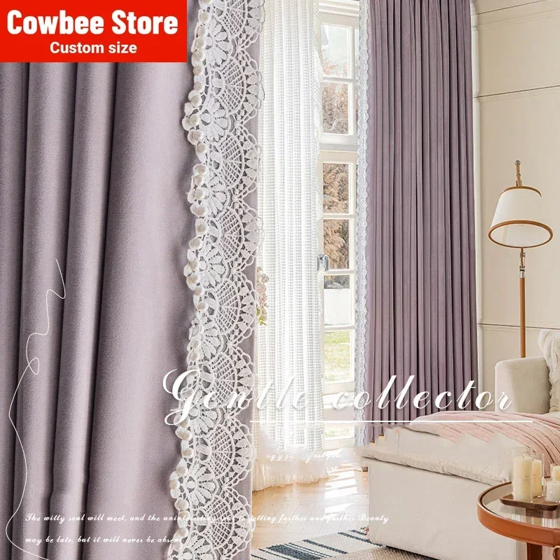 

Luxury Elegant Modern Shading Curtains for Living Dining Room Bedroom Australian Cashmere Purple Pearl and Lace Customize