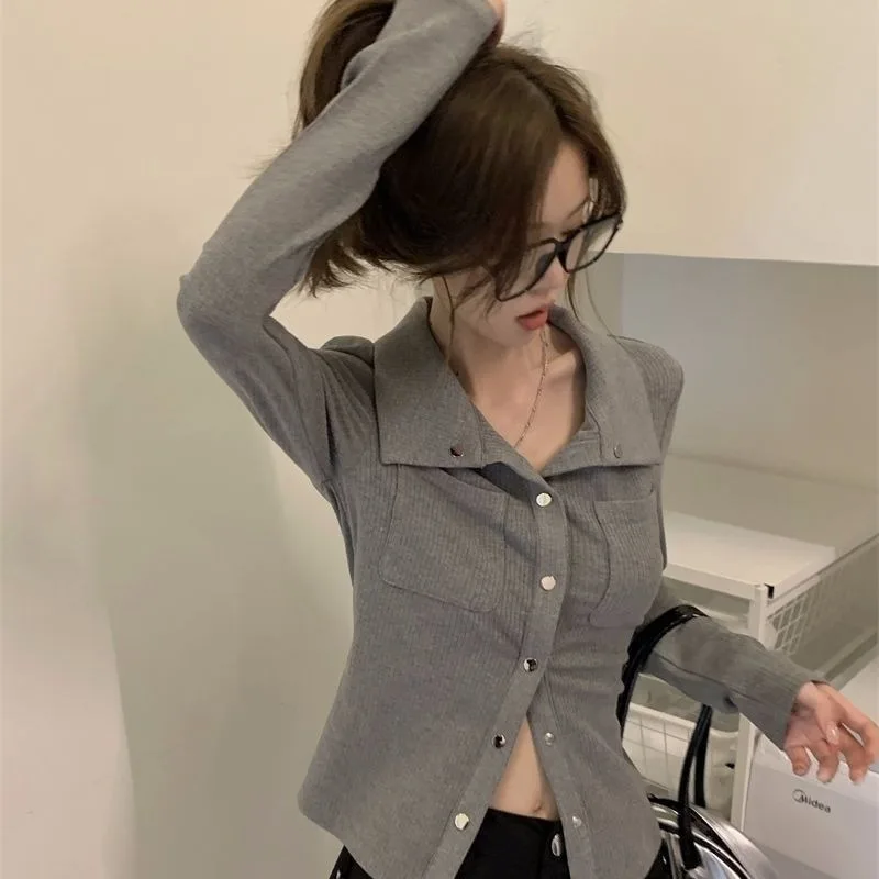 Button T Shirt Korean Style Y2k Crop Top Women Autumn Long Sleeve Tees Pocket Slim Tshirts Femme Solid Fashion Clothing 2024 New