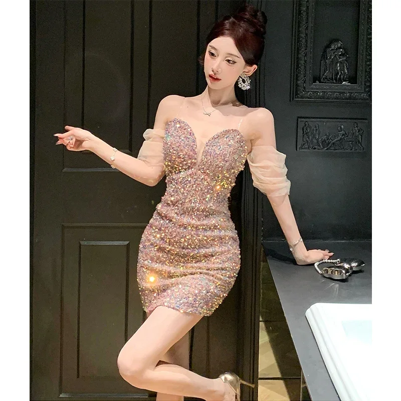 Vintage Sequin Strapless Dress Sexy Backless Slim Fit Dress Bubble Sleeves Cocktail Dress for Women