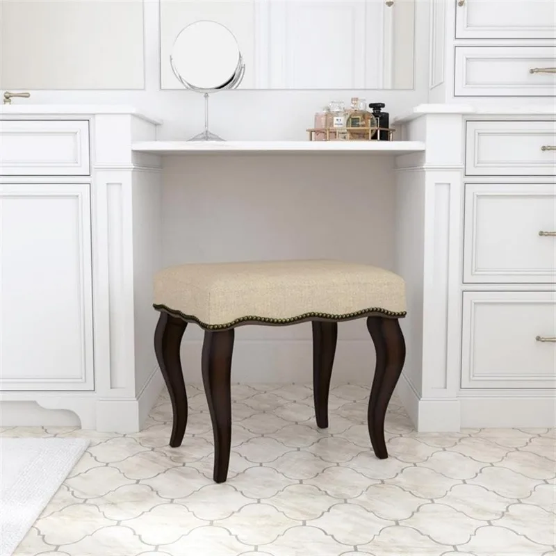 Wood and Upholstered Backless Vanity Stool for Makeup Room and Bathroom, Burnished Oak