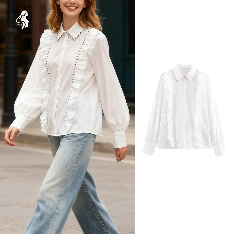 

Fashionable White Ruffled Shirt With Edged Lapel And Long Sleeves A Gentle And Elegant Womens Daily Wear Piece Trafizaran