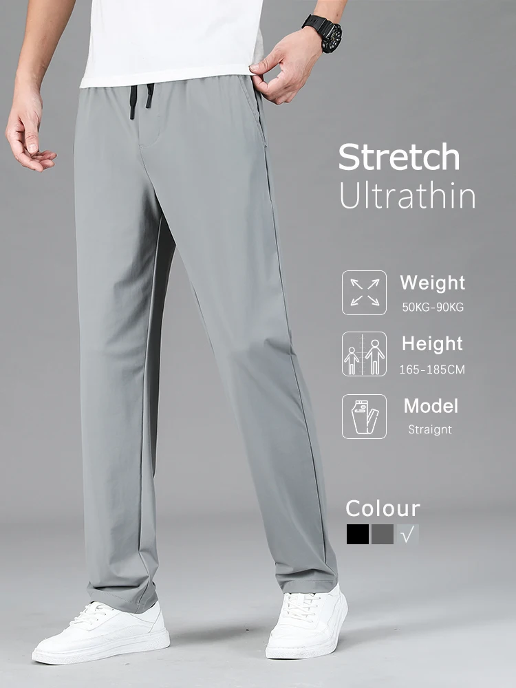 Men Clothing High Quality Casual Pants Summer Thin Ice Silk Straight Drawstring Elastic Waist Jogger Sweatpants Trousers Male