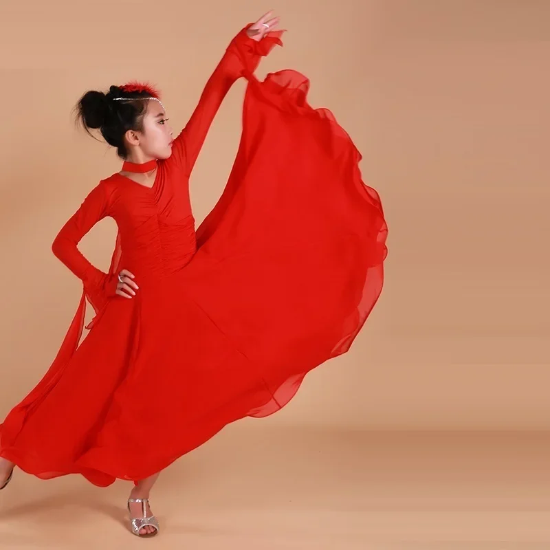 Filles enfant à manches longues Tango Rumba Samba Flamenco valse danse compétition robe Dancewear enfants Standard robe de danse de salon