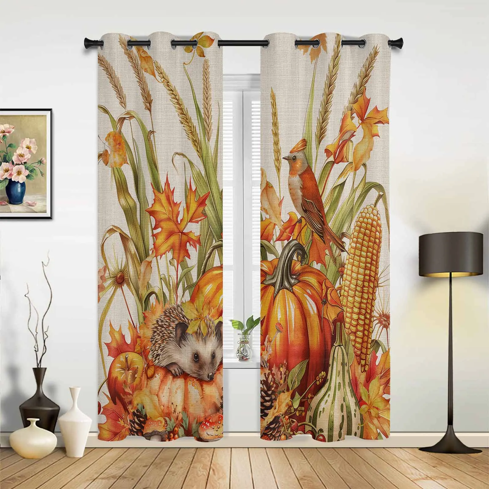 Autumn Pumpkin Wheat Ear Bird Hedgehog Curtains for Living Room Window Curtain for Bedroom Modern Indoor Home Decor Curtains