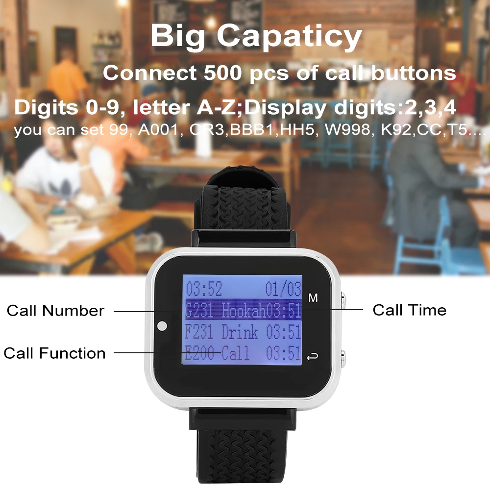 JINGLE BELLS 20 Call Button Transmitters 3 Wrist Watch Pager Wireless Calling System Service for Restaurant Hotel Cafe Bar