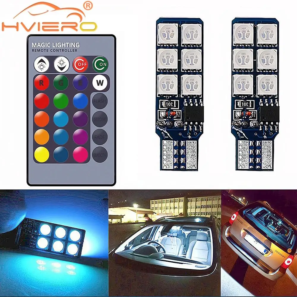 2X T10 RGB Multi Colors Changing Bulb Colorful Car Interior Lamps Remote Control Auto Led Festoon Dome Reading Light Trunk Lamp