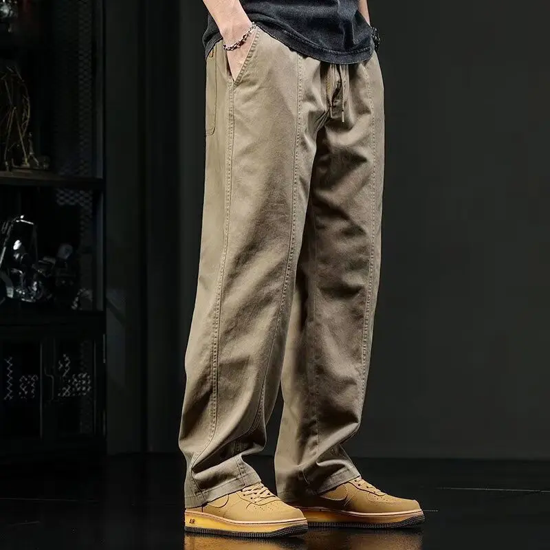 Preppy Style Straight Trousers Men's Spring Autumn Solid Color Drawstring Pockets Rivet Elastic High Waisted Casual Pants