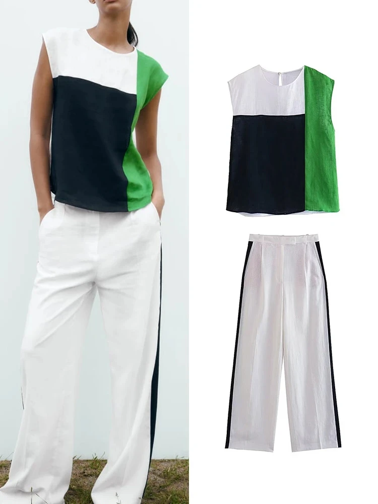 

Home Suit Women 2 Piece Linen Pants Sets Fashion Print Patchwork Crop Sleeveless Top Women Suit Casual Pants Pajamas Set Outfits