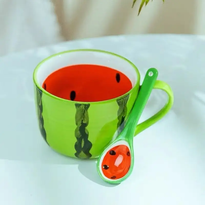 Creative Hand-Painted Watermelon Ceramic Bowl Lovely Fruit Bowl Cartoon Tableware Flatware Set - Plate spoon cup