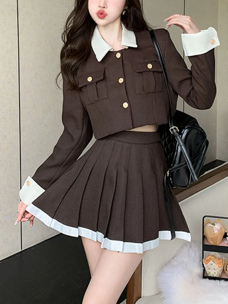 Tweed Ensemble Femme Vintage Collision Color Crop Blazer Skirts Suit Female Long Sleeved Jacket Pleated Skirt conjuntos de mujer