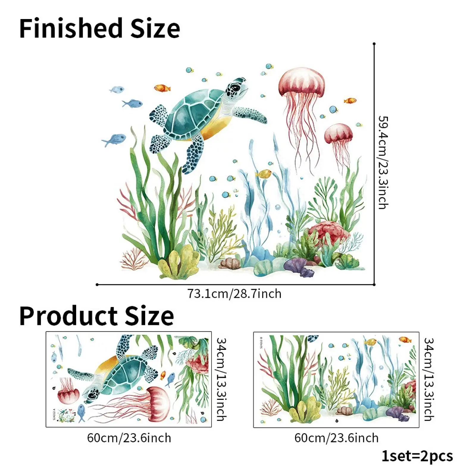 2x ملصقات جدارية على شكل سلحفاة من الأعشاب البحرية المحيطية لغرفة نوم المكتب #6