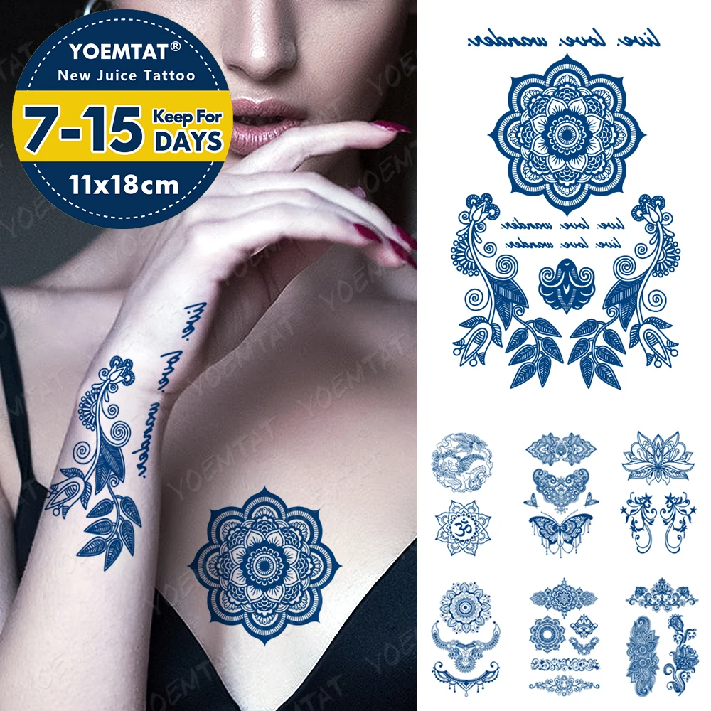 

Indian Henna Blue Ink Juice Waterproof Temporary Tattoo Sticker Butterfly Lotus Body Art Fake Tatto Men Women 3D Lasting Tattoos