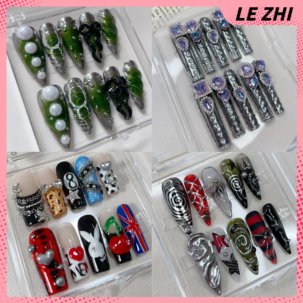 

Y2K Heavy Metal Punk Handmade Long Almond Square Reusable Fake Nails 3D Flower Pearl Bow Rhinestone Press On Nails Girl Gifts