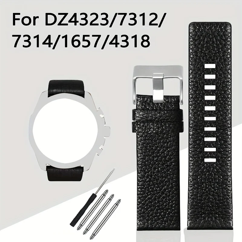 Lychee Grain PU Leather Watch Strap 22‑28mm Black Brown Replacement Wrist Band Compatible For Diesel DZ4323 7312 7314 1657 4318