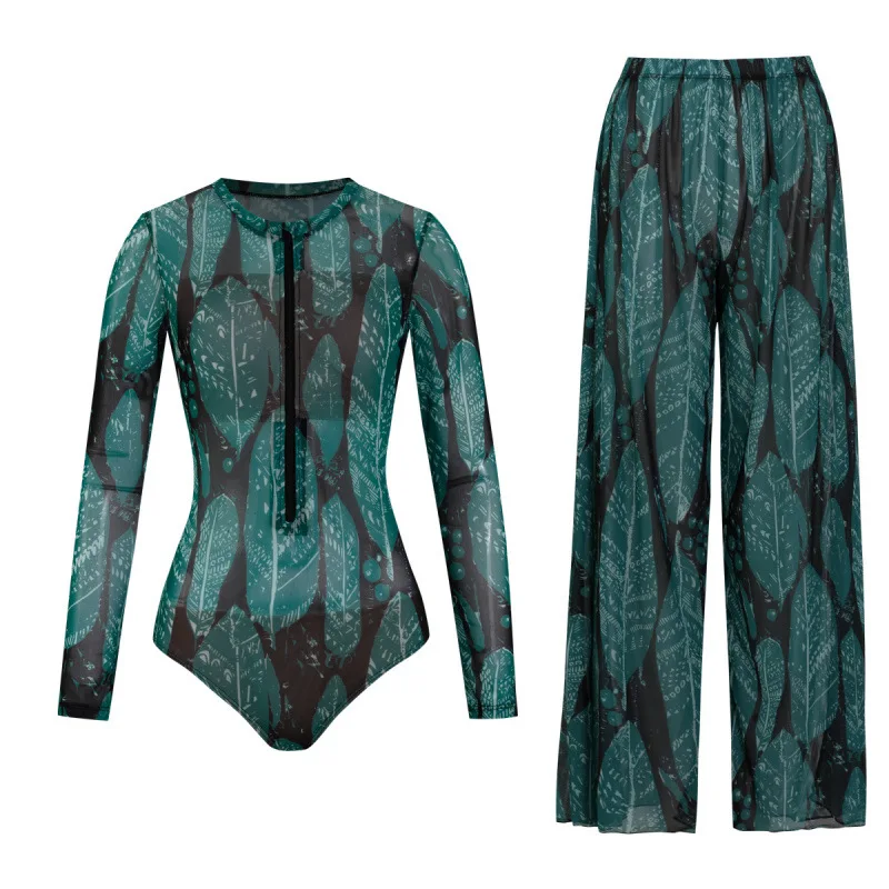 Long-sleeved sunscreen swimsuit women's high elastic thickened mesh loose trousers cross-border swimwear fitness one-piece