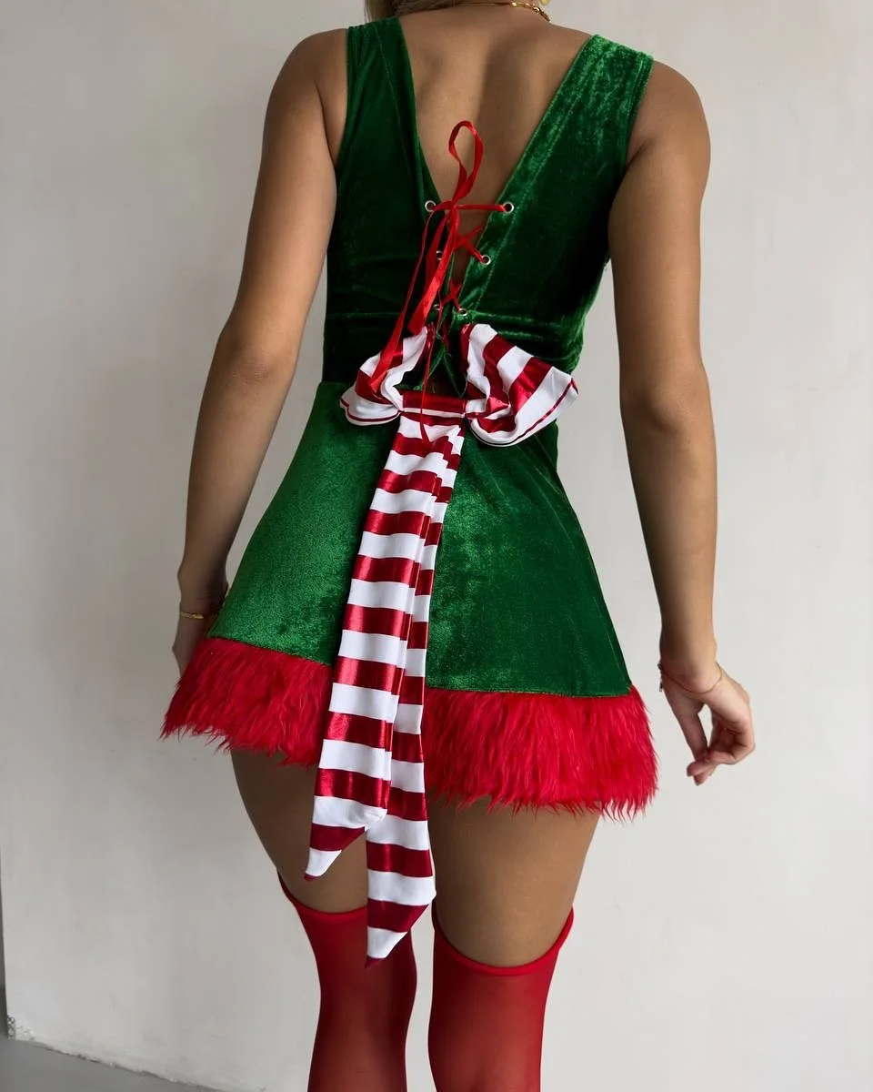 Ellolace Christmas Dress With Hat Belt Lace Up Back Bow Festival Party Dress Green Square Collar Velvet A-line Mini Dress