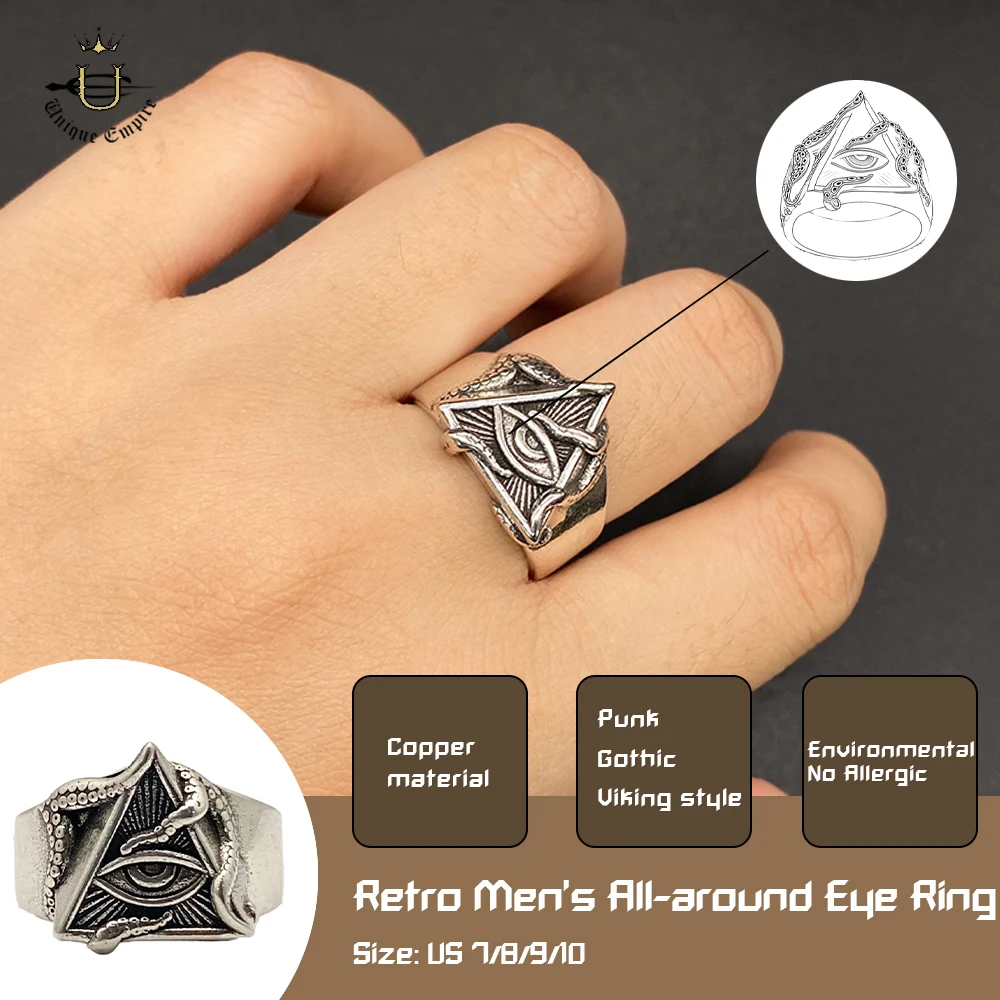 Gothic Skull Ring for Men | All Seeing Eye Octopus Tentacle Biker Punk Stainless Steel Rebel Jewelry Gift for Him