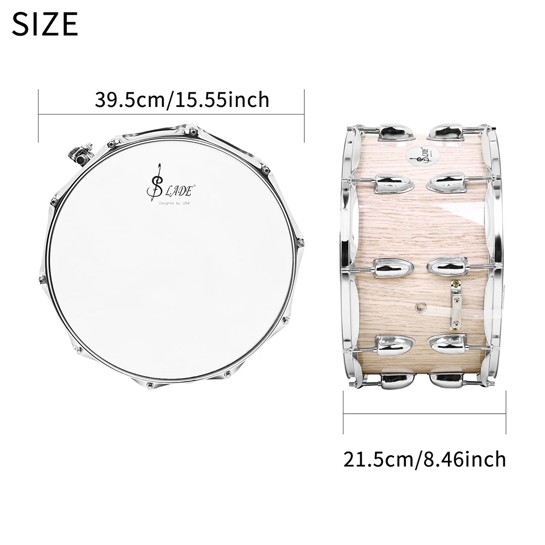 SLADE 14x8inch Snare Drum Solid Wood Material Snare Drum Stainless Steel Edges Suitable for Professional Practice Performance