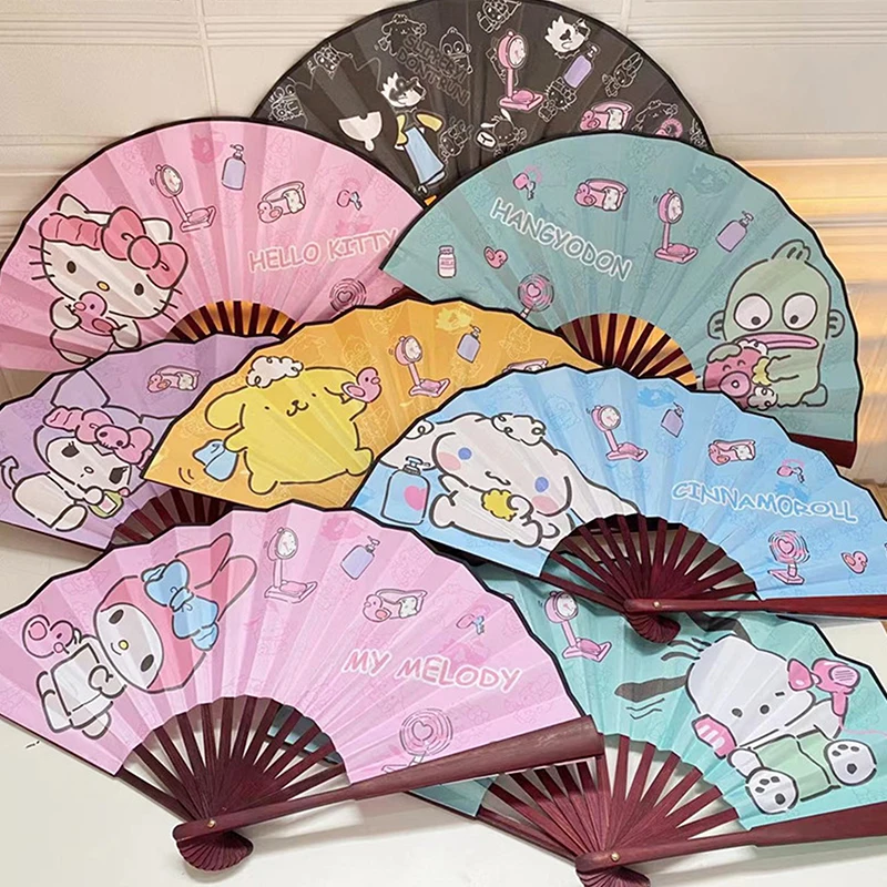 Ventilador de seda portátil para estudantes, Sanrios Kuromi, minha melodia, personagem dos desenhos animados, haste de madeira, meninas mão fãs, presentes, verão