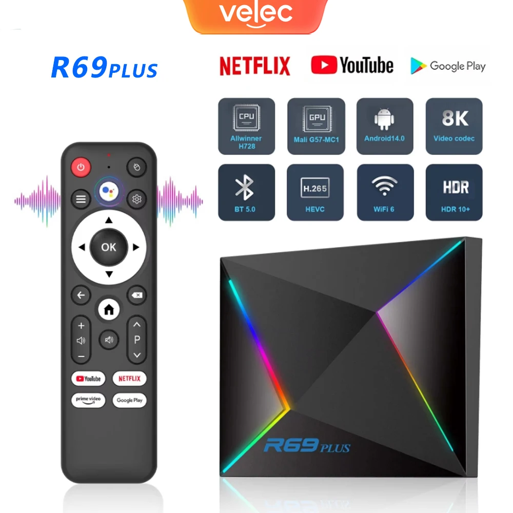 R69 Plus TV Box Android 14 Allwinner H728 Octa-Core 1000M LAN WIFI6 8K BT5.0+ Google Voice Control Smart Streaming Set Top Box