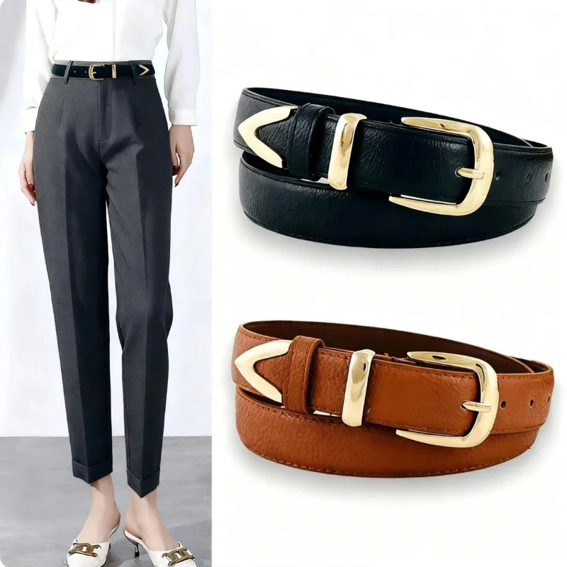Korean-Style Versatile Belt for Jeans and Dresses Women’s Pin-Buckle Belt Light Luxury Niche Retro Gold-Buckle Leather Belts