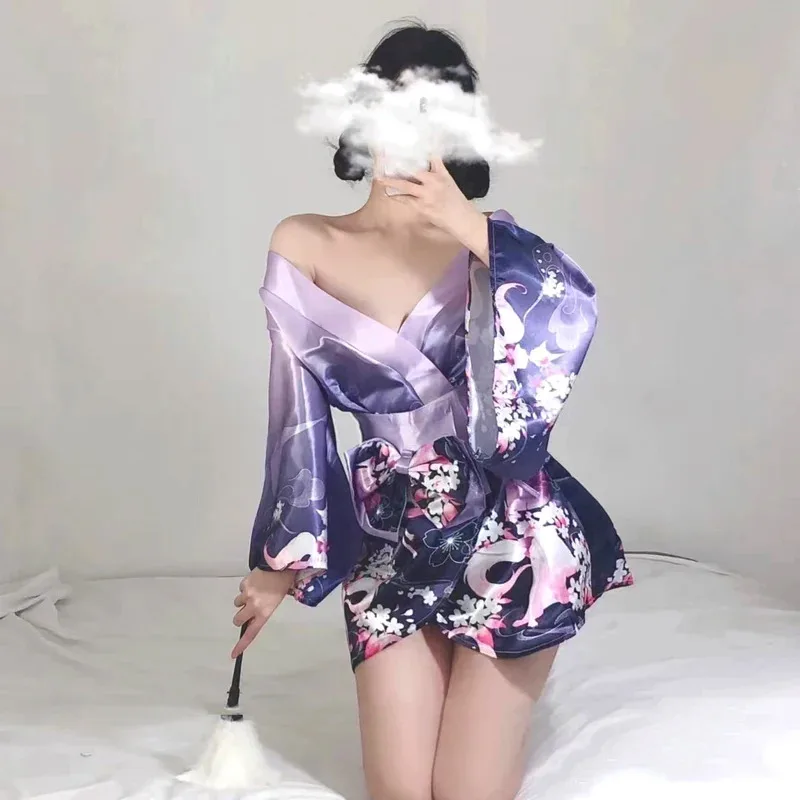 CySuper Sexy Purple Japanese Kimono Pajamas Bathrobe Yukata Cardigan Lingerie Temptation Anime Cosplay Halloween Costumes Women
