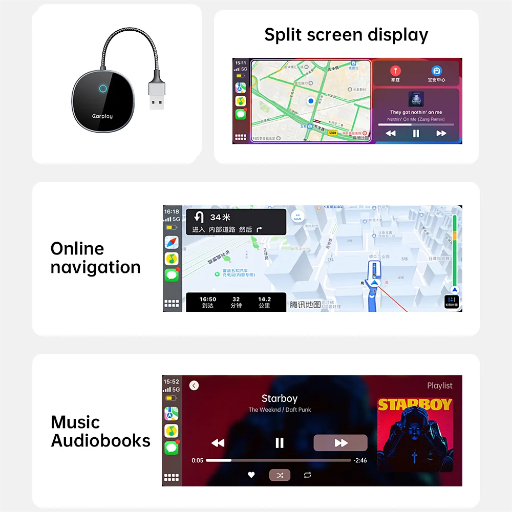 Wired to Wireless Carplay&Android Auto Adapter Wireless CarPlay with USB Android Auto Wireless Adapter Apple Car Play Plug