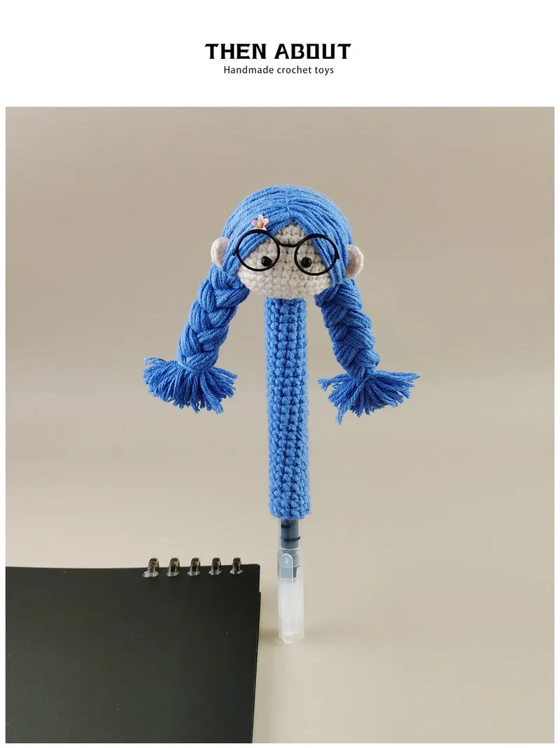 Thenabout Handmade Crochet Doll Pen Cover Cute Blue Braided Hair Glasses Pen Sleeve Creative Teacher Gift Stationery Decor