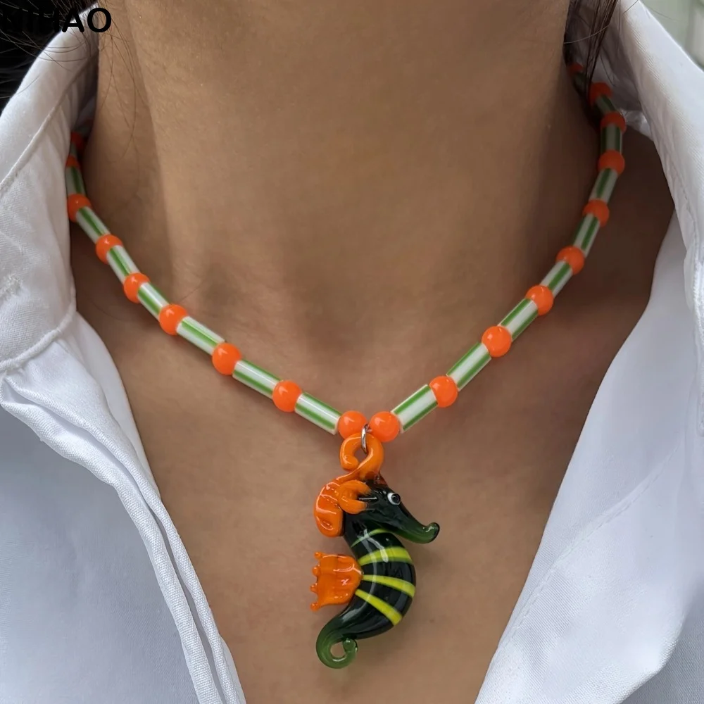 Tropical Island Charm Fish Necklace Fun Ocean Vacation Style Seahorse Pendant Clavicle Chain Colorful Glass Beaded Necklace