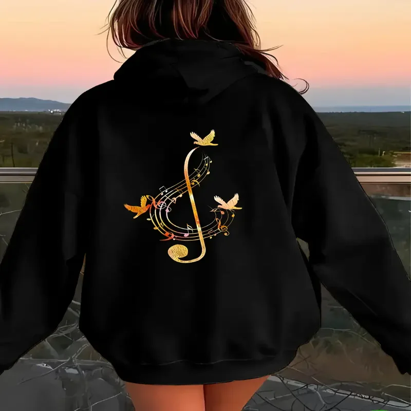

Женская толстовка с музыкальными нотами, одежда с принтом птиц на спине, пуловер с графическим рисунком, толстовка для любителей музыки, повседневная повседневная одежда