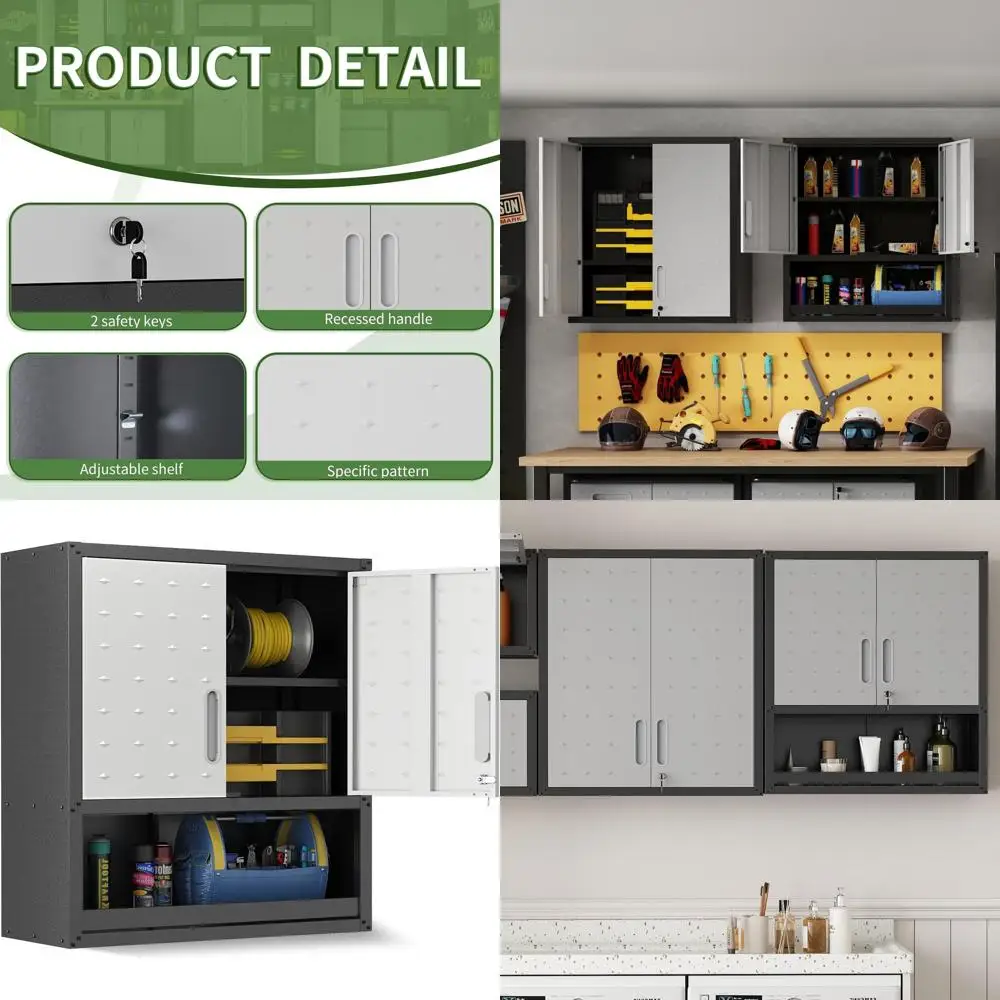 

29.5 Wide Wall-Mounted Garage Cabinet with Adjustable Shelves, Heavy-Duty Lockable Metal Storage for Tools, Suitable for Basemen
