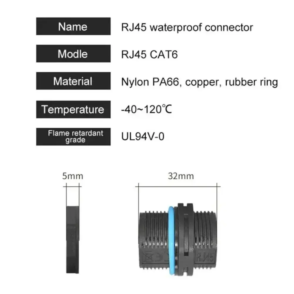 Tight Sealing Ring RJ45 Network Waterproof Connector Dustproof Anti-corrosion Cat6 Ethernet LAN Cable Durable Male To Female