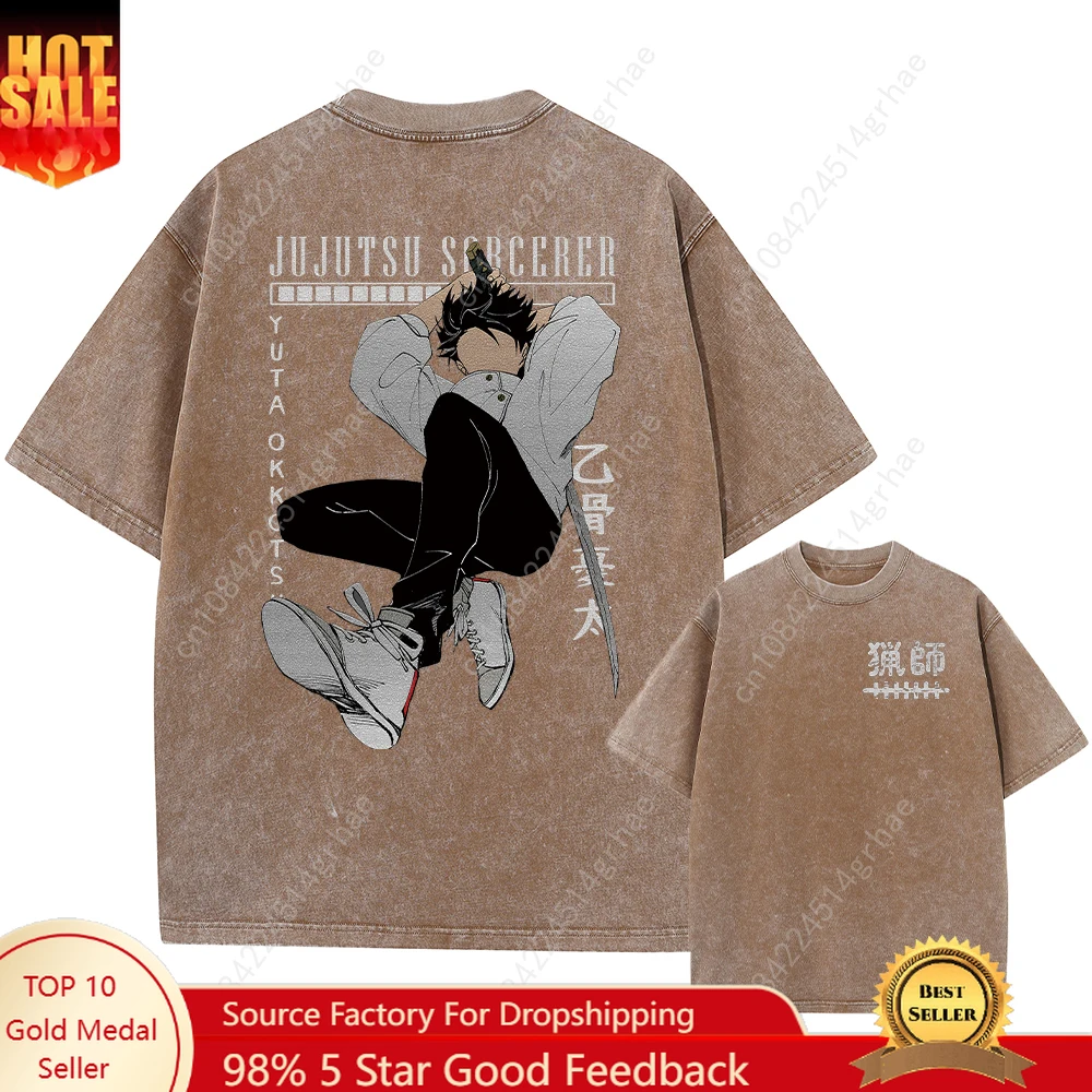 Harajuku Japanese Anime Streetwear Graphic T-Shirt Summer Short Sleeve Cotton Tshirt Jujutsu Kaisen Print Vintage Washed Tshirt