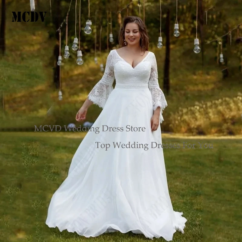 

MCDV Chiffon Flare Sleeves Wedding Dress Plus Size V Neck Lace A Line Vintage Bridal Gowns Custom Made