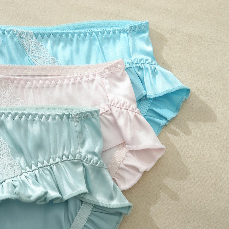 3Pcs Silky Satin Sexy Women's Knickers Frill French Underwear Briefs Breathable Lace Triangle Panties for Summer Lingerie Set