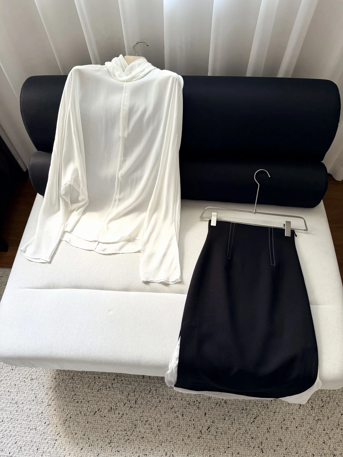 2026 Summer  Women Fashion Slim Set Back Zipper High Collar Long Sleeve Pullover Top + Elastic Waist High Slit Maxi Skirt Suit