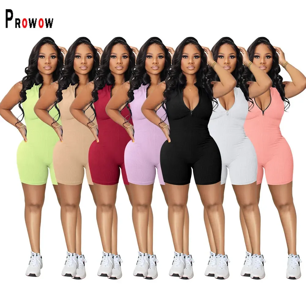 

Prowow Zipper Solid Color Women Playsuits Skinny Joggers Fitness Outfits 2024 New One-pieces Playsuit Monos Mujer Casual Verano