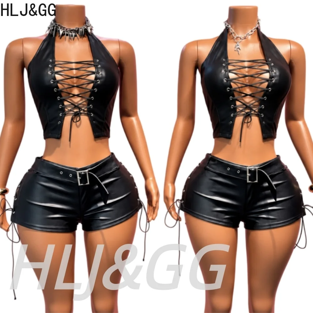 HLJ&GG Gothic Punk Women 2 Piece Matching Set Y2K Dark Faux Leather Halter Crop Vest Side Lace Up Shorts Outfits Lady Streetwear
