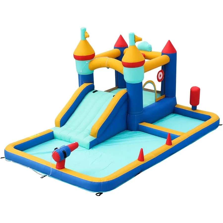 Springhuis met glijbaan, opblaasbaar kasteel met splash zwembadwaterkanonnen, springkasteel voor buiten/binnen met luchtblazer, ballenbak