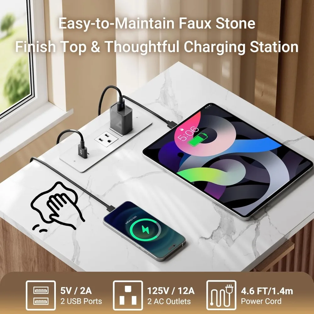 Table de chevet moderne du milieu du siècle avec station de recharge, grande table de chevet cannelée en noyer avec plateau en faux marbre