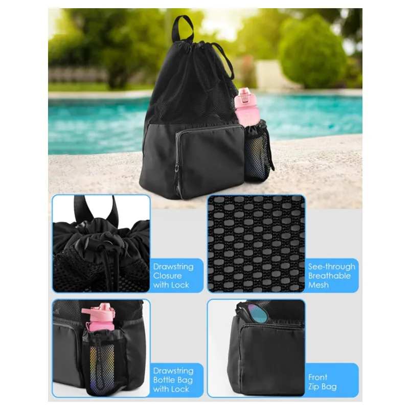 1pcs Mesh Drawstring Backpack Large Capacity Gym Beach Travel Bag Polyester Outdoor Sports Backpack