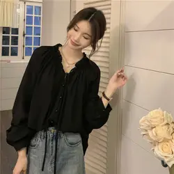 French Style Lace Up Shirt for Women New Chiffon Women's High-end Style Long Sleeved Short Loose Top