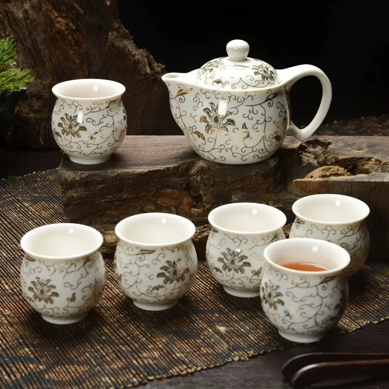 Jingdezhen 7Pcs Tea Set Blue and White Porcelain Double Wall Cup Creative Flower Dragon Moutain Teapot Kung fu tea set Teaware