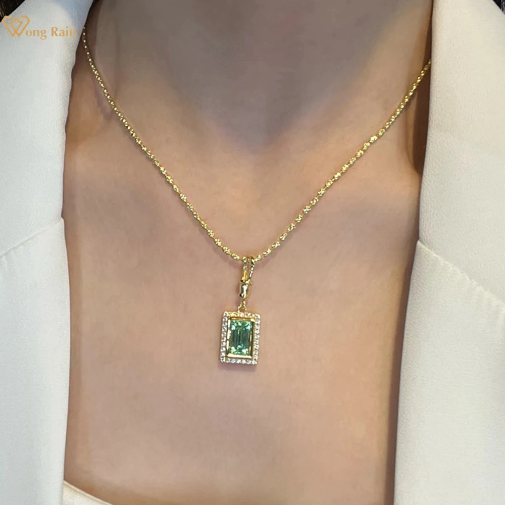 

Wong Rain 925 Sterling Silver Emerald Cut 6*10 MM 3 CT Green Sapphire High Carbon Diamond Gems Pendant Necklace Fine Jewelry