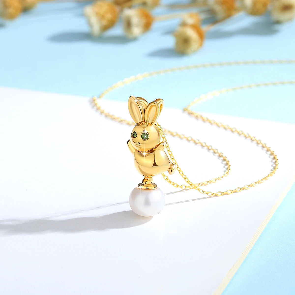 Genuine AU750 Real 18K Gold Rabbit Necklace Natural Freshwater Pearl Pendant For Woman Fine Jewelry Fashion Wedding Gift