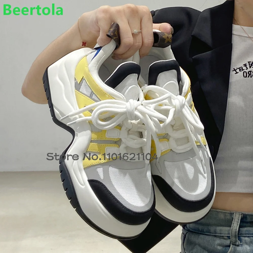 Thick Sole Luxury Sport Sneakers For Female Women 2024 Mixed Color Lace-up Round Toe Fashion Casual All-match Mesh Surface Shoes