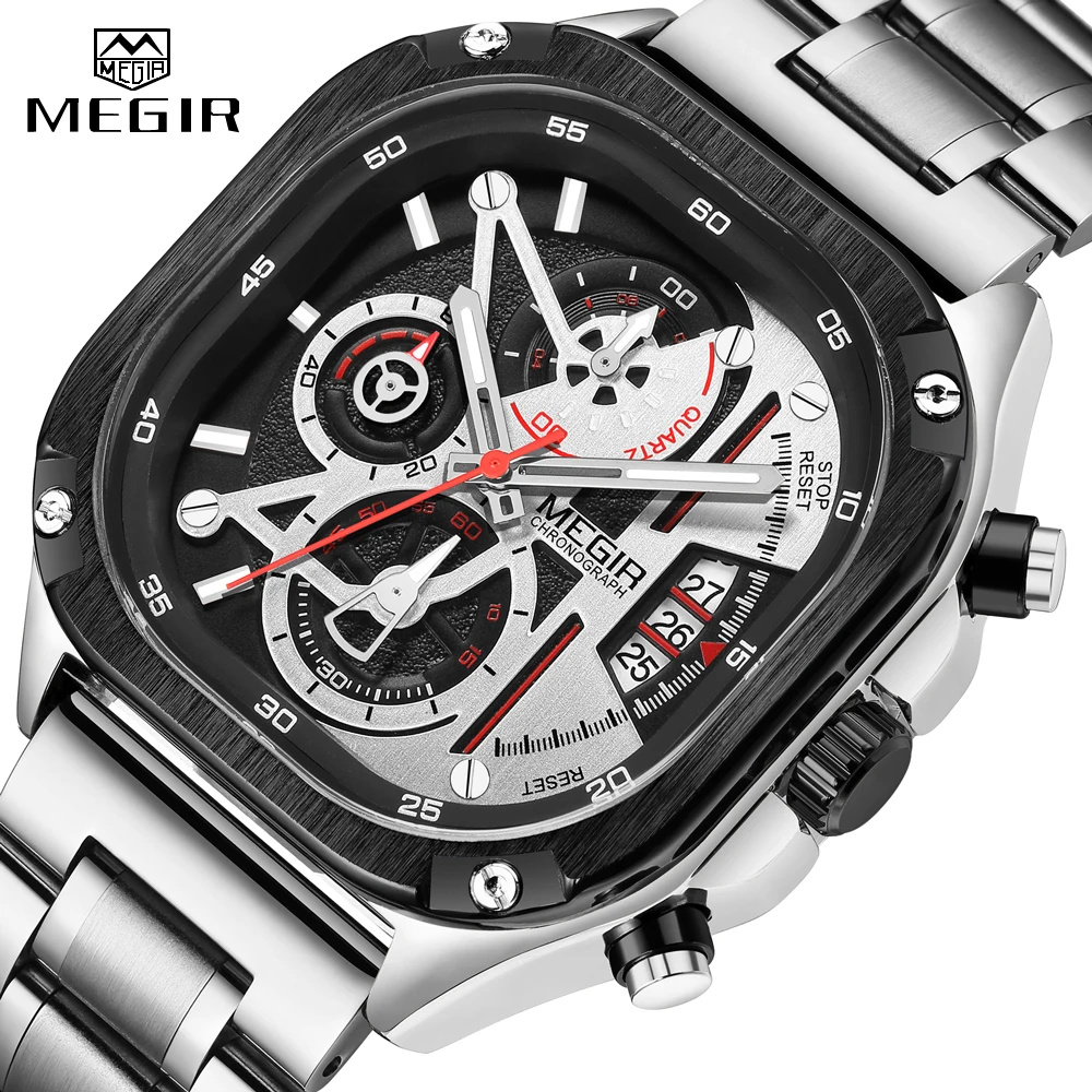 MEGIR Silver Quartz Watch Men Waterproof Square Dial Wristwatch Fashion Chronograph Stainless Steel Strap Luminous Hands Date